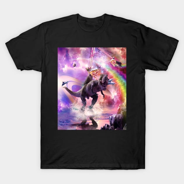 Rainbow Laser Space Cat On Dinosaur Eating Pizza T-Shirt by Random Galaxy